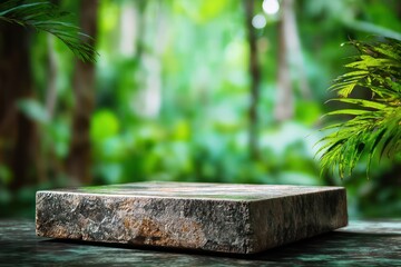 Stone Podium Tabletop in Tropical Garden Background
