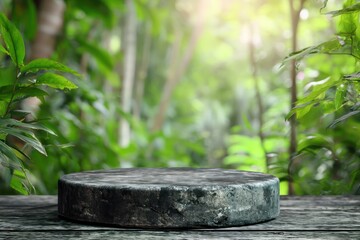 Stone Podium Tabletop in Tropical Garden Background