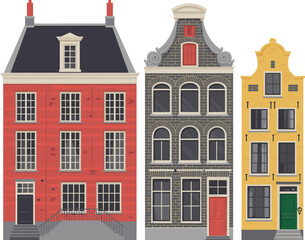 Naklejka premium Traditional Dutch canal houses in Amsterdam, colorful Netherlands architecture illustration, European travel landmark, cultural heritage, urban cityscape design art
