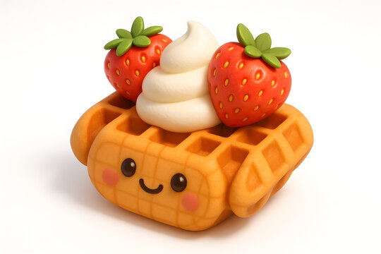 Delightful cartoon waffle with strawberries and cream, perfect for kids' menus or dessert-themed designs, cute and whimsical illustration for joyful projects
