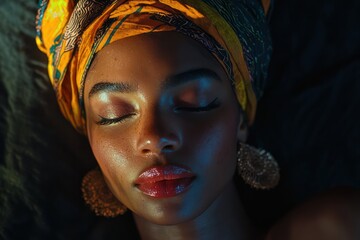 Studio Portrait of Woman with Headwrap and Warm Light