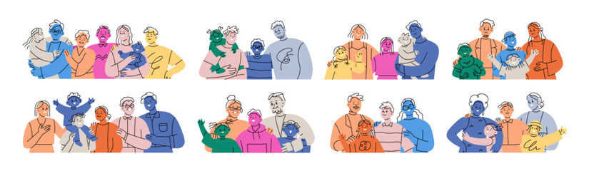 Naklejka na ściany i meble Large abstract family set. Happy grandparents, parents and kids together. Different generation portrait with baby, children and older relatives. Flat vector illustrations isolated on white background