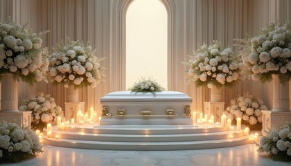 White casket on elevated platform surrounded by white flowers, candles in funeral hall. Large floral arrangements on either side. Soft light, serene atmosphere. Memorial service setting with white