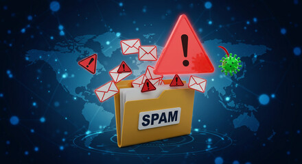 Spam folder with warning sign and virus icon, representing cyber security threat and email scam on a world map background