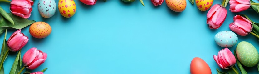 Colorful Easter Eggs and Tulips