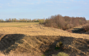 Rolling hills and open field landscape under a blue sky autumn