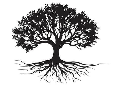 Magical Spirit Tree Silhouette With Spreading Roots Vector Artwork