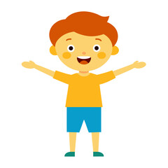 Joyful red haired boy vector illustration expressing happiness and enthusiasm with arms outstretched against white backdrop