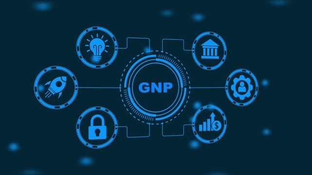 Gross National Product GNP Economic Metric with Icons and Network Lines Keywords: GNP, gross national product, economy, finance, business, metric, economic output, national income
