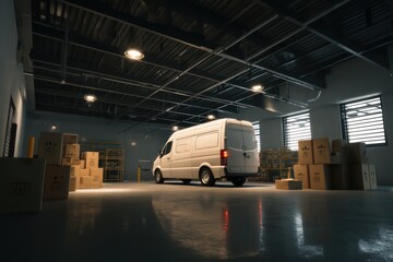 White Delivery Van Sideways in Warehouse Mockup