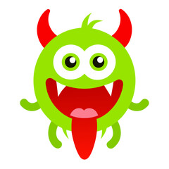 Playful green monster illustration with red horns and tongue out on white background funny character