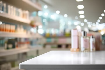 White Display Table with Blurred Drugstore Interior Background
