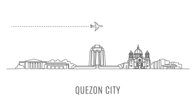 Quezon City Skyline with Airplane and Dotted Line