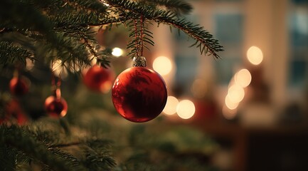 Winter Holiday Decoration: Close-Up of a Lighted Christmas Tree Ornament, Featuring Copy Space for Greeting Cards