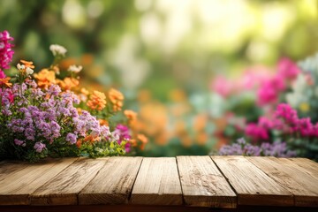 Wooden Table with Spring Flowers in Natural Garden Background
