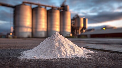Obraz premium Pile of white powder at industrial site, featuring a pyramid shape against silos at dawn.