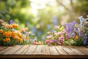 Wooden Table with Spring Flowers in Natural Garden Background