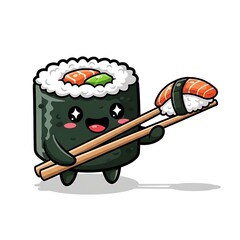 Cute sushi character holding sushi with chopsticks isolated on white background