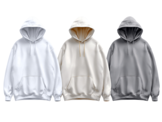 Stylish hooded sweatshirts mockup showcasing white, cream, and gray, ideal for fashion brands, apparel designers, and online stores looking to promote their latest hoodie designs