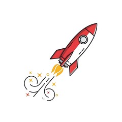 Red and white rocket launching isolated on white background illustration
