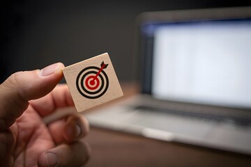 Hand holding wooden block with target symbol in front of blurry laptop screen on wooden surface