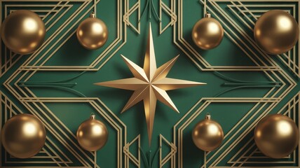 Obraz premium Art Deco Christmas Background Geometric Gold Accents Stylized Baubles Elegant Green Gold Layout