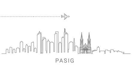 Fototapeta premium Pasig City Skyline with Airplane Icon and Dotted Flight Path