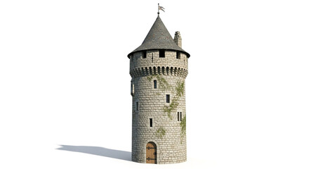 Majestic medieval stone tower isolated on white background, a testament to architectural prowess and historical significance, a symbol of strength and resilience