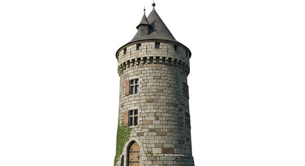 Medieval stone tower isolated on white background, standing tall as a testament to architectural prowess and historical significance, a symbol of strength