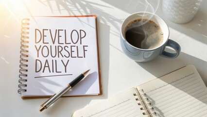 Inspirational Notebook with Motivational Quote and Coffee on Desk Surrounded by Natural Light and Greenery