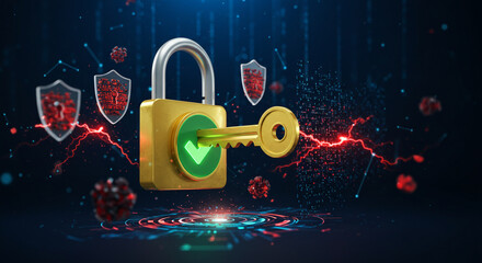 Cybersecurity concept with a golden padlock and key, surrounded by virus icons and protective shields with a checkmark