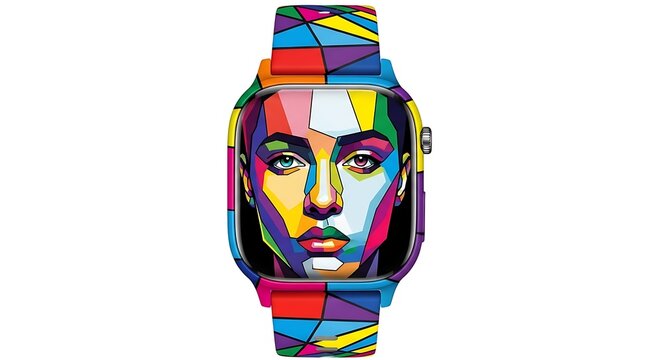 Modern smartwatch with vibrant abstract geometric face and colorful patterned strap
