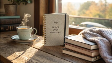 Cozy morning scene with notebook, coffee cup, and warm blanket highlighting calm, peaceful atmosphere and relaxation elements