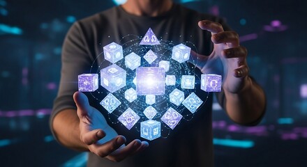 Man holding a holographic network of glowing data blocks. Blockchain technology, decentralized finance (DeFi), and Web3 futuristic concept for the metaverse.