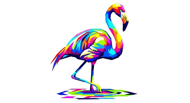 Vibrant geometric flamingo illustration with pop art style on a clean white background.