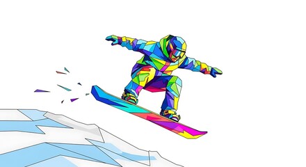Fototapeta premium Geometric Colorful Snowboarder Jumping Action Vector Illustration on White Background