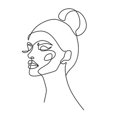 Female Elegant Portrait in One Continuous Line Drawing. Woman Face Line Art Drawing. Woman Head with Elegant Haircut in Line Art Minimalist Hand Drawn Style. Trendy Vector Illustration