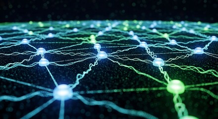 Futuristic abstract background of a glowing digital network. Interconnected blue and green nodes representing data transfer, AI, blockchain, or neural network connections.