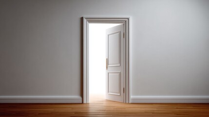 Fototapeta premium Open white door revealing bright light in a minimalist room with wooden floor