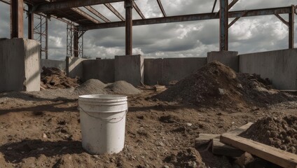 Fototapeta premium A partially constructed building's interior, with a bucket, dirt piles, and metal framework