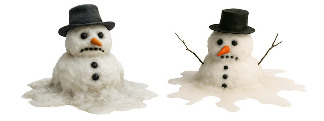 Melting snowman with a hat and carrot nose on a transparent background. Winter. Christmas mood.