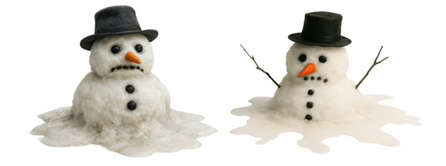 Melting snowman with a hat and carrot nose on a transparent background. Winter. Christmas mood.