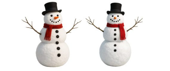 Two snowmen with hats and scarves on a transparent background. Winter. Christmas.