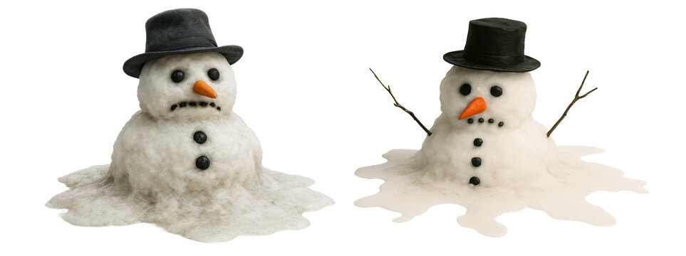 Melting snowman with a hat and carrot nose on a transparent background. Winter. Christmas mood.