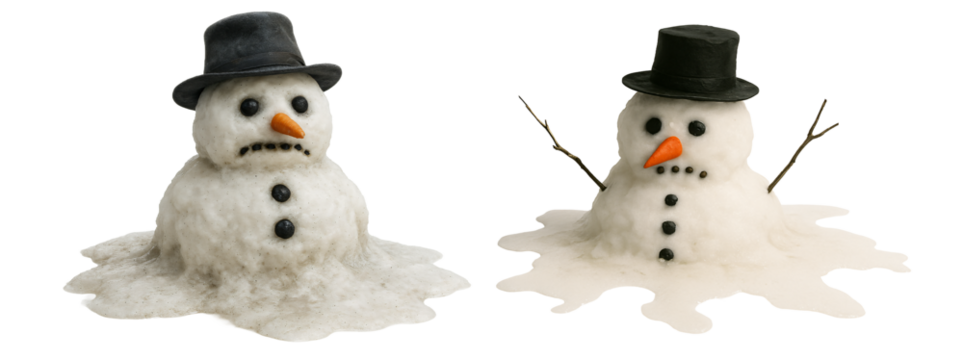 Melting snowman with a hat and carrot nose on a transparent background. Winter. Christmas mood.