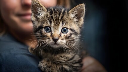 A close up portrait of a small adorable tabby kitten with striking blue eyes being held gently by a person