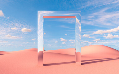Rectangular mirror frame in surreal pink desert under blue sky, 3d rendering