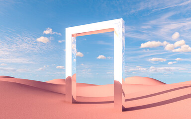 Minimalist mirror rectangle portal in surreal pink desert, 3d rendering