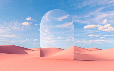 Surreal mirror arch reflecting sky in pink desert landscape, 3d rendering