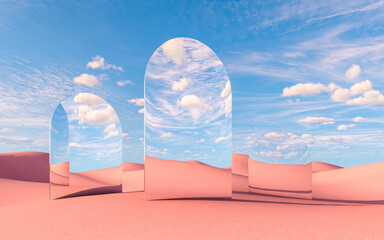 Group of surreal mirror arches in pink desert reflecting clouds, 3d rendering